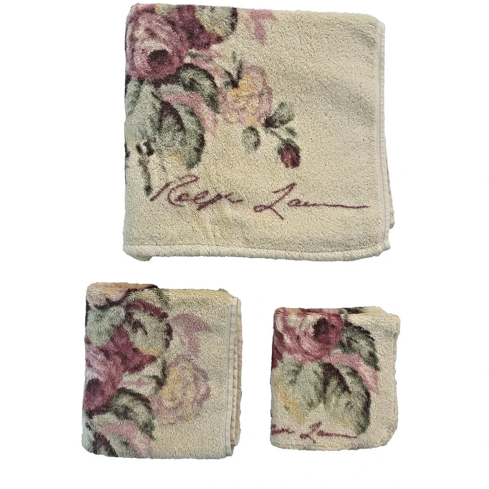 Vtg‎ 3 pc Ralph Lauren Kathleen Bath Towel Set Bath Hand Face Cloth Yellow Roses